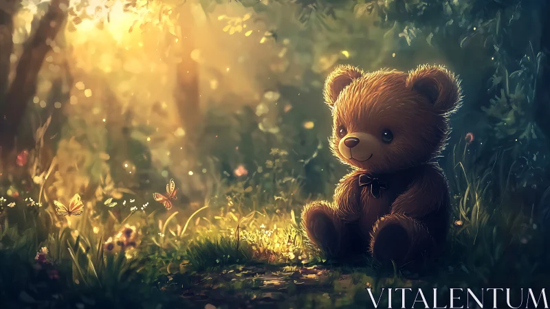 Digitally rendered teddy bear sitting in sunlit forest clearing