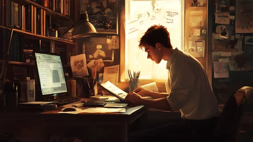 Digital painting of writer at warm backlit studio desk.