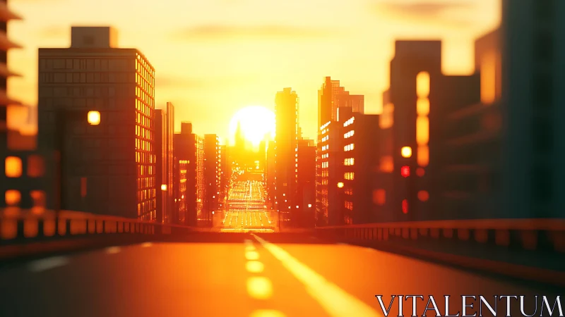 Golden city sunset pours warm light over quiet streets