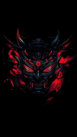 Fierce cyber samurai mask glowing with fiery red light.