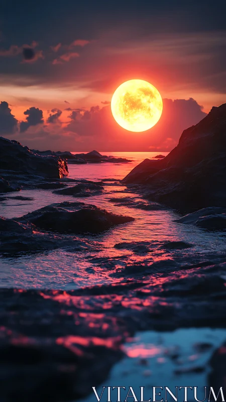 Supermoon over tidal rocks with intense rim lighting at dusk