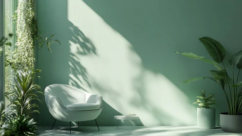 Sunlit mint interior shows biophilic reading nook with soft shadows