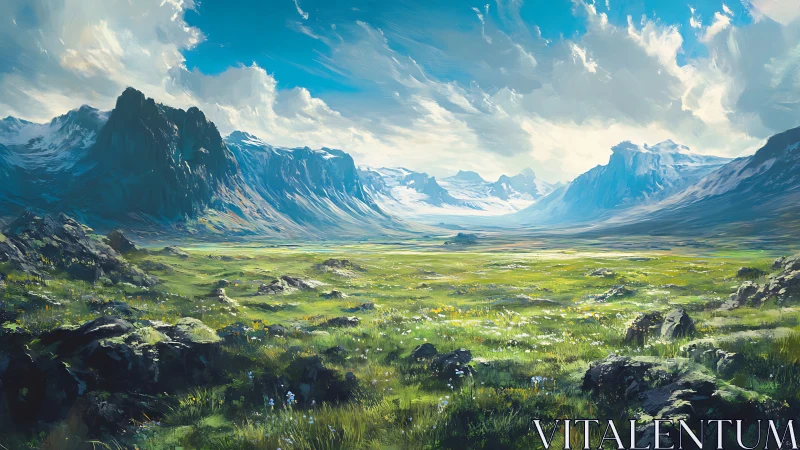 Vast alpine valley opens beneath towering snowlit mountains