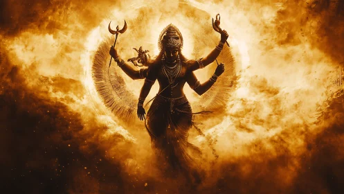 Multi-armed deity silhouette in radiant fiery cloudscape.