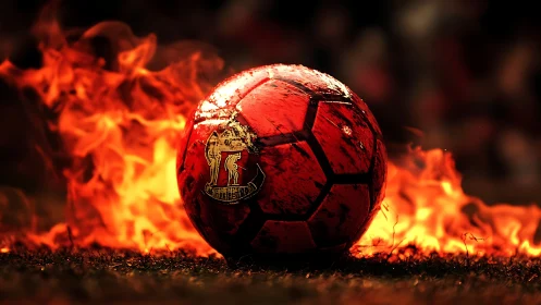 Red football lies on grass surface surrounded by controlled flames
