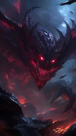 Demonic entity with glowing eyes emerges over molten terrain