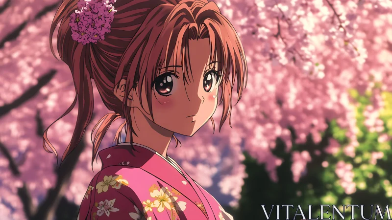 Anime girl in pink kimono under soft cherry blossoms.