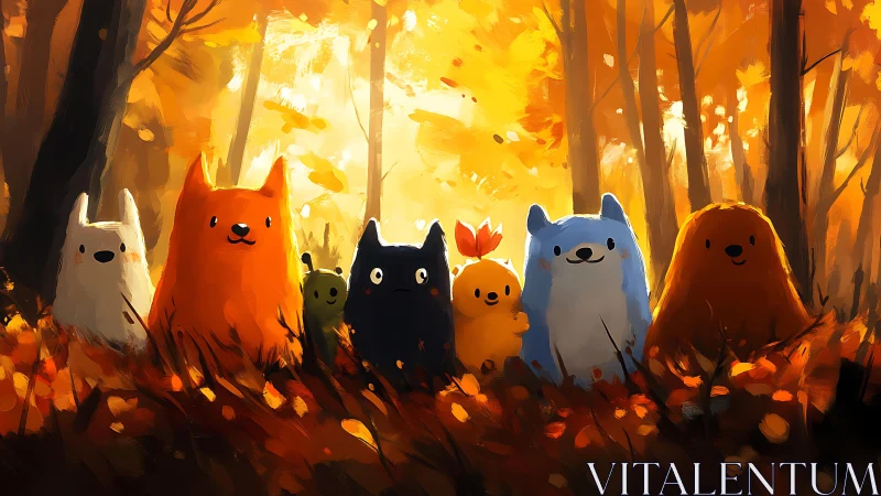Autumn Forest Creatures Gathering in Glowing Woodland.