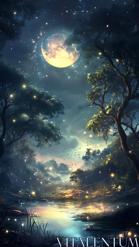 Moonlit forest river under glowing stars and fireflies.