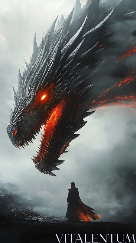 Dark dragon looms over lone cloaked figure in misty void