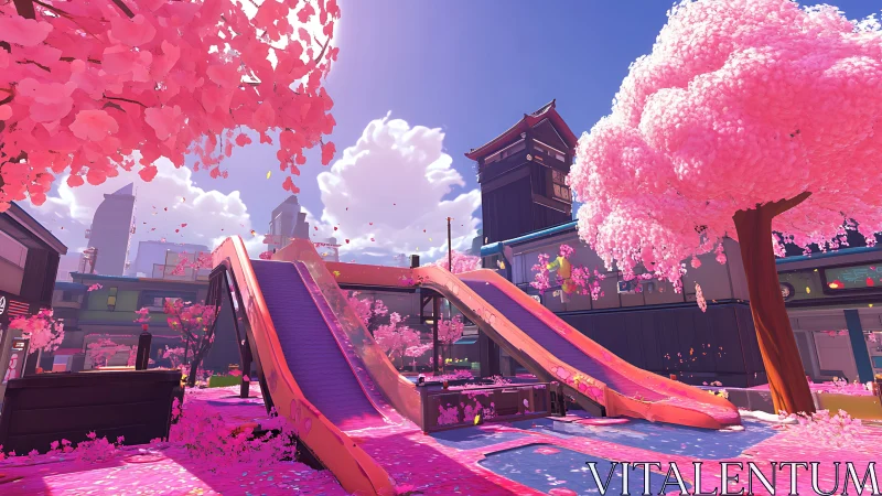 Neon spring escalators drift through candy-pink sakura skies.