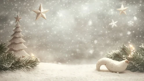 Minimalist glitter Christmas still life with stars and snow.