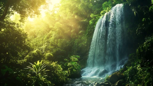 Sunlit jungle waterfall pours into a peaceful green oasis