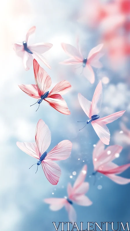 Gossamer blush butterflies drift through soft sky dreams.