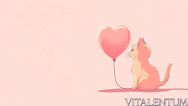 Orange cat holding heart-shaped balloon on pink background.