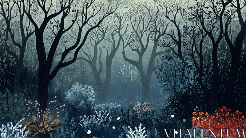 Luminous Woodland Reverie: Glowing Flora in Misty Forest.