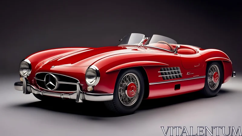 Glossy red classic roadster basking in studio spotlight.