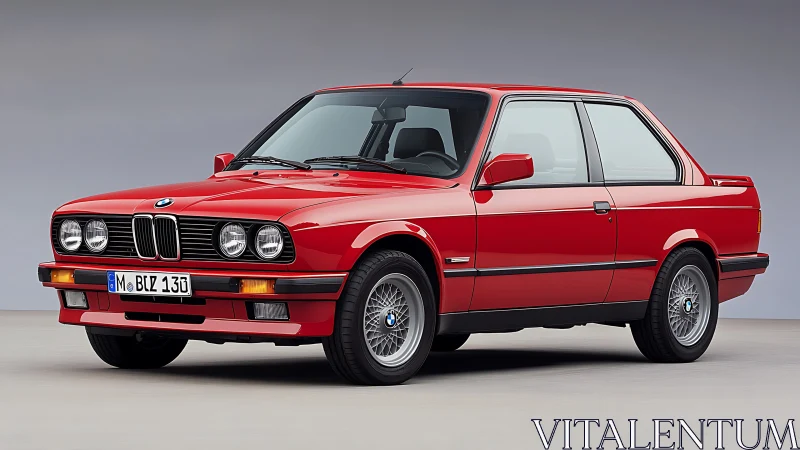 Red BMW E30 two-door coupe in studio side-front profile view.