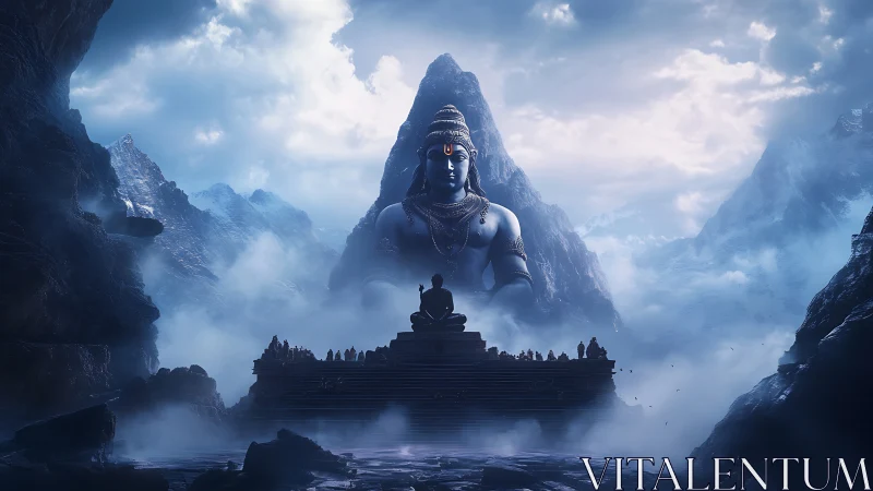 Mountain mists gather as a colossal Shiva guards silent pilgrims
