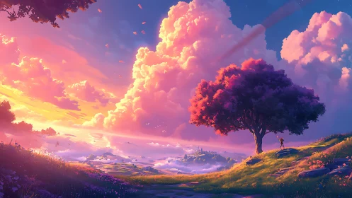 Vibrant fantasy landscape with lone tree and figure at dusk.