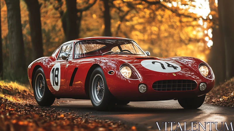 Vintage red race car with aerodynamic body under warm autumn light