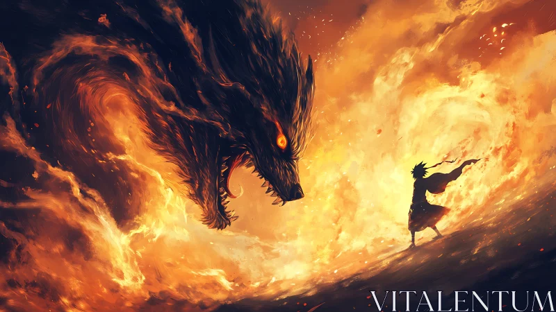 Fiery warrior confronts colossal flame-forged dragon spirit.