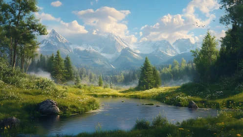 Digital painting mountain valley stream with atmospheric depth.