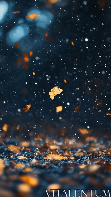 Golden leaves falling against soft dark bokeh background.