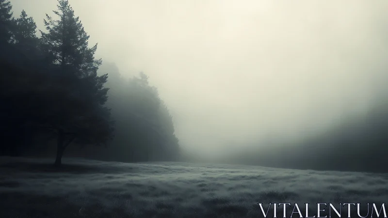 Fog-draped pine forest edge under pale morning sky.