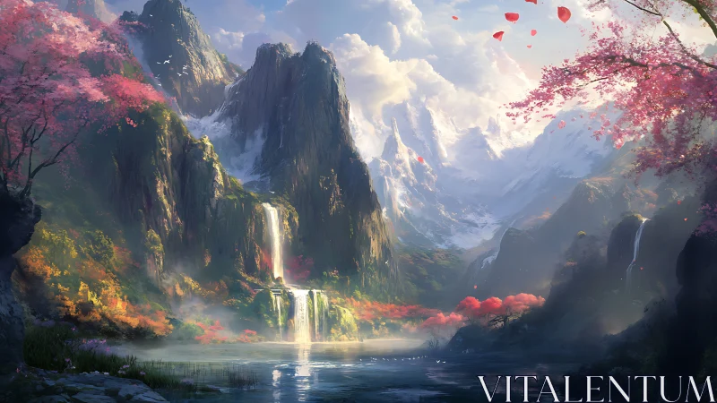 Gentle waterfalls in a dreamy pink blossomed mountain valley.
