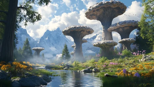 Towering mushroom forests rise above a tranquil alpine river.