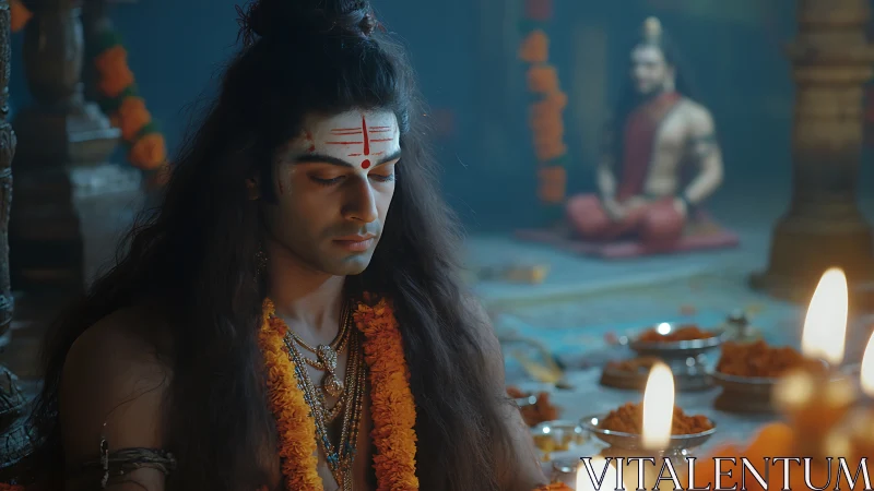 Serene temple meditation with candlelit ritual glow.