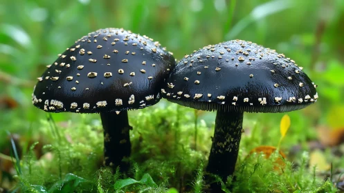 Black mushrooms with pale spots in green forest moss.