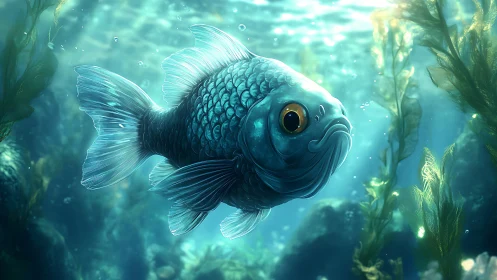 Blue fish in illuminated underwater kelp environment scene.
