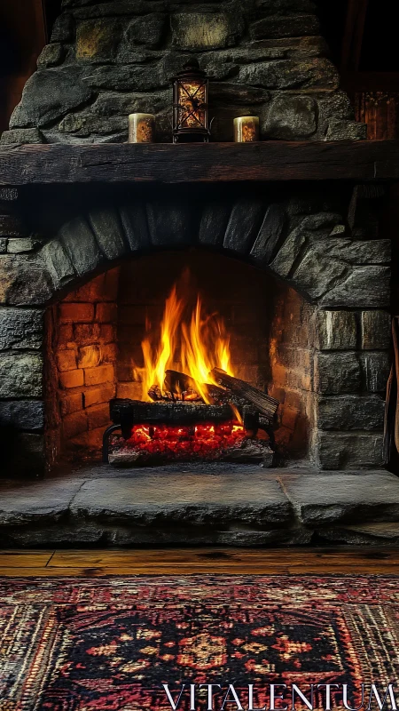Stone Fireplace with Roaring Fire and Mantelpiece Decor.