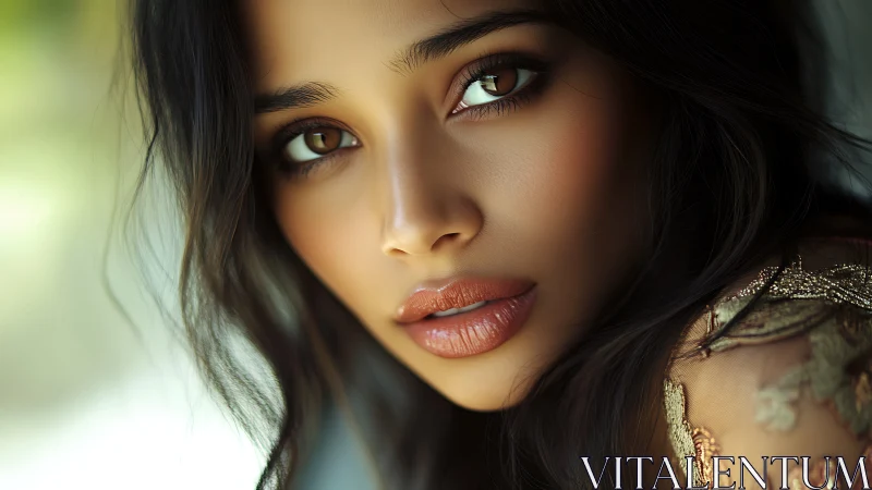 Cinematic portrait highlights luminous brown eyes, soft light.