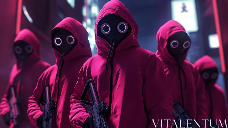 Neon-eyed sentinels claim the alleyway in crimson silence