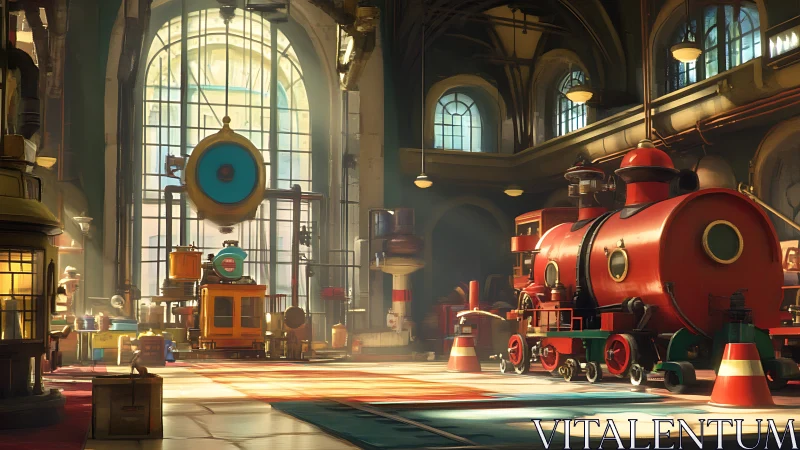 Red toy-like train sits in bright industrial workshop