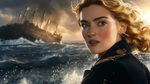 Woman in naval coat before large steamship at sea during storm.