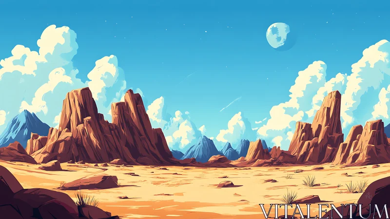 Sunlit desert mesas rise under distant moonlit sky