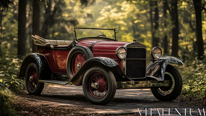 Forest-road vintage touring car basking in hush of dusk.