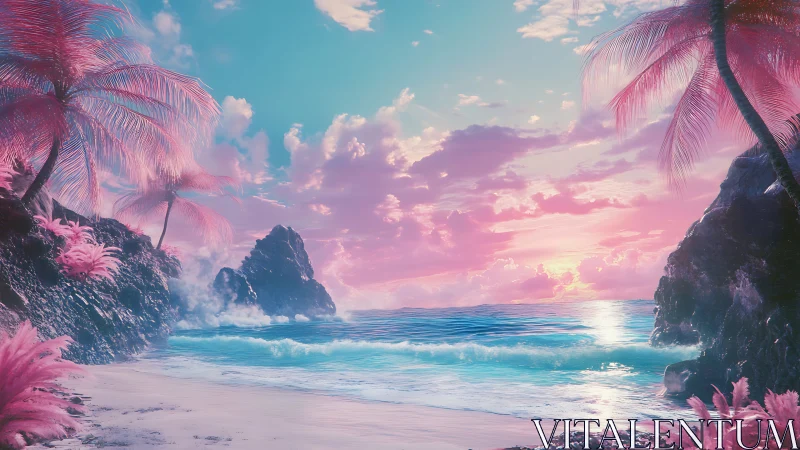 Surreal Tropical Paradise Cove with Vibrant Sunset