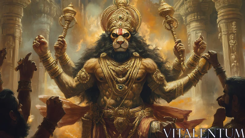 Lion-headed warrior deity dominates blazing temple sanctum.