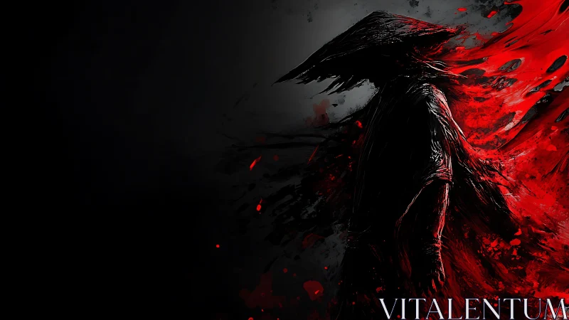 Silent wanderer wrapped in red shadow and motion.