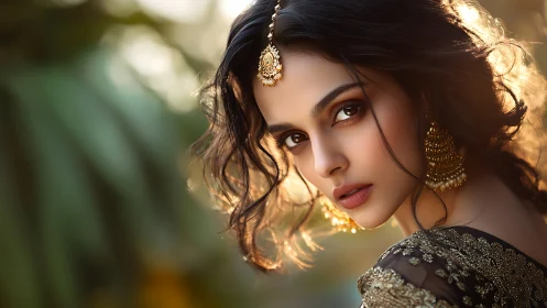 Golden light frames an elegant woman in ornate jewelry.