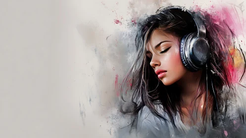 Young woman with headphones in abstract digital portrait.