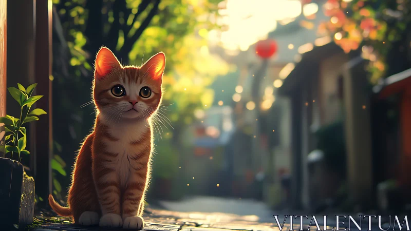 Ginger tabby kitten with backlighting in isometric urban alleyway setting