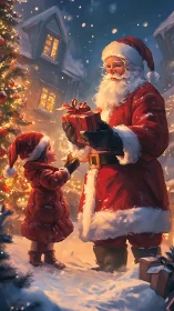 Santa shares wrapped present with child in snowy evening street