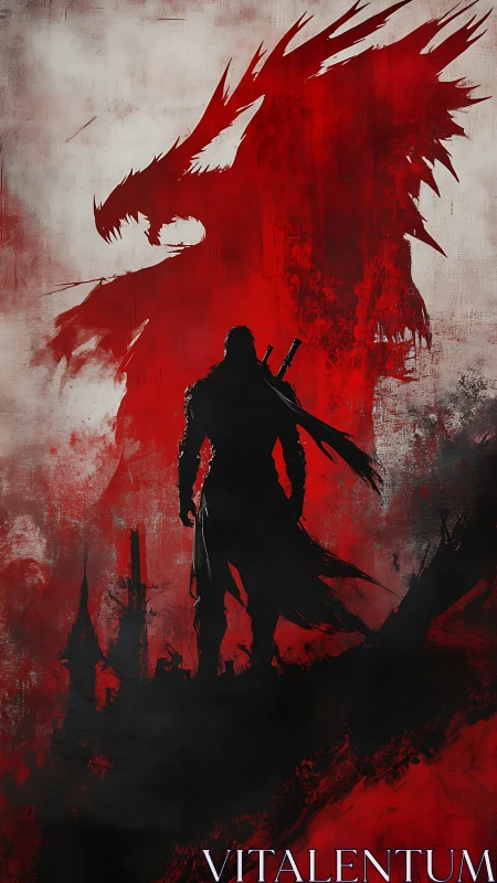 Dark warrior confronts looming dragon shadow in crimson sky