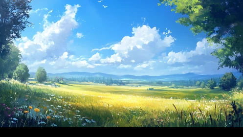 Atmospheric perspective study of sunlit meadow panorama.